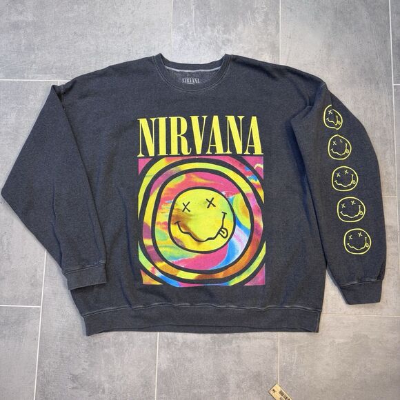 Nirvana Men’s Oversized Smiley Face Sweatshirt Charcoal Color Long Sleeve L/ XL - Picture 1 of 8